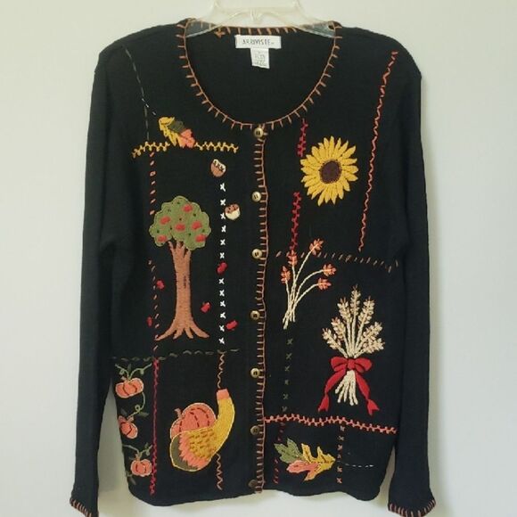 Arriviste Cardigan Sweater Womens L Autumn Fall Harvest Pumpkins Sunflowers VTG - Picture 1 of 12